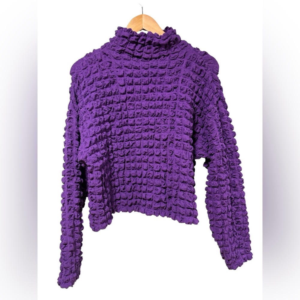 Zara Purple Popcorn Texture Mock Neck Long Sleeve‎ Top Small Smocked Crop #169